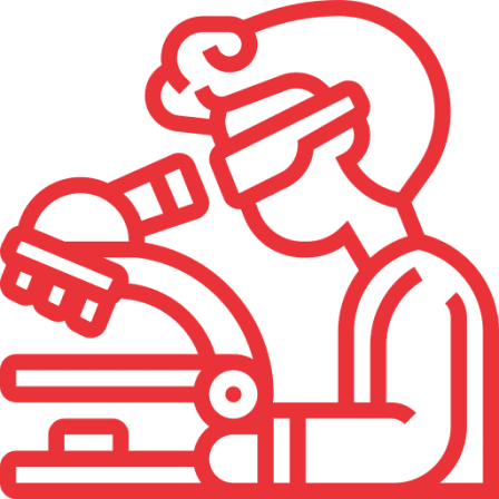 Scientist using microscope icon in red.