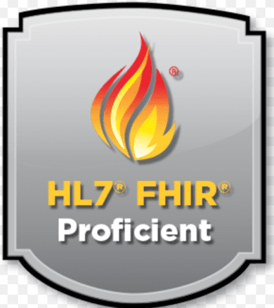 A silver shield with the words hl 7 fhir proficient on it.