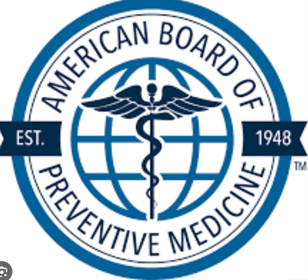 A blue and white logo of the american board of preventive medicine.