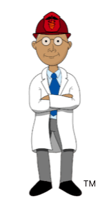 A cartoon of a man in white lab coat and tie.