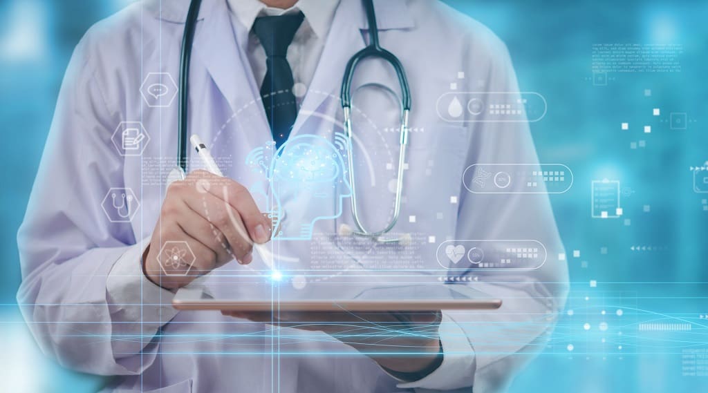 doctor using a digital tablet with AI healthcare Telemedicine technology. Futuristic medical innovation with smart data analysis and neural interface. artificial intelligence in modern medicine