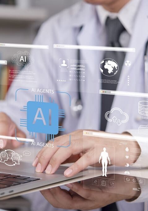 Doctor using laptop with AI medical cloud technology, analyzing patient health data. artificial intelligence agents, smart medical records, and digital healthcare solutions.